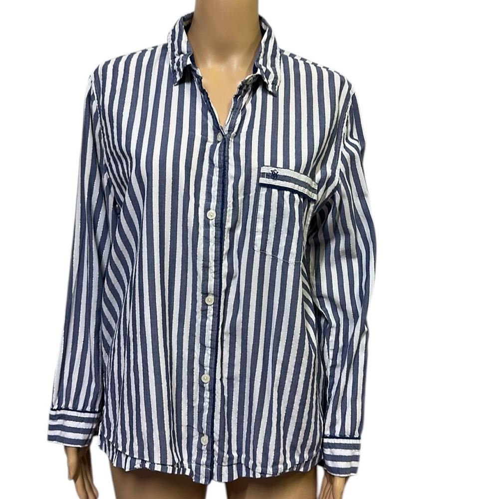 Victorias Secret Long Sleeve Button Up Striped Pocket PJ Sleepwear Lounge Top M